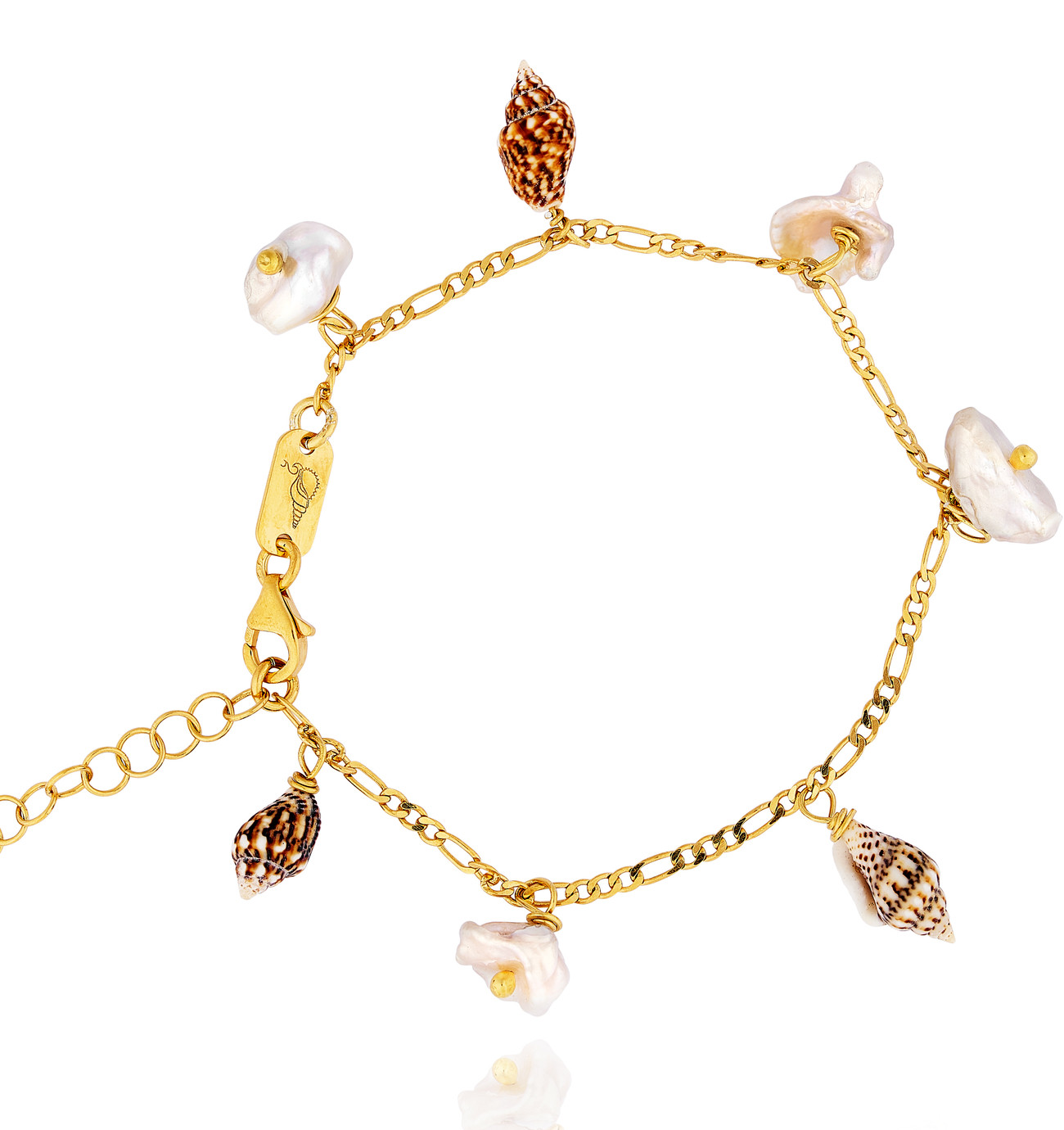 Gold plated Figaro Bracelet with White Keshi Pearls