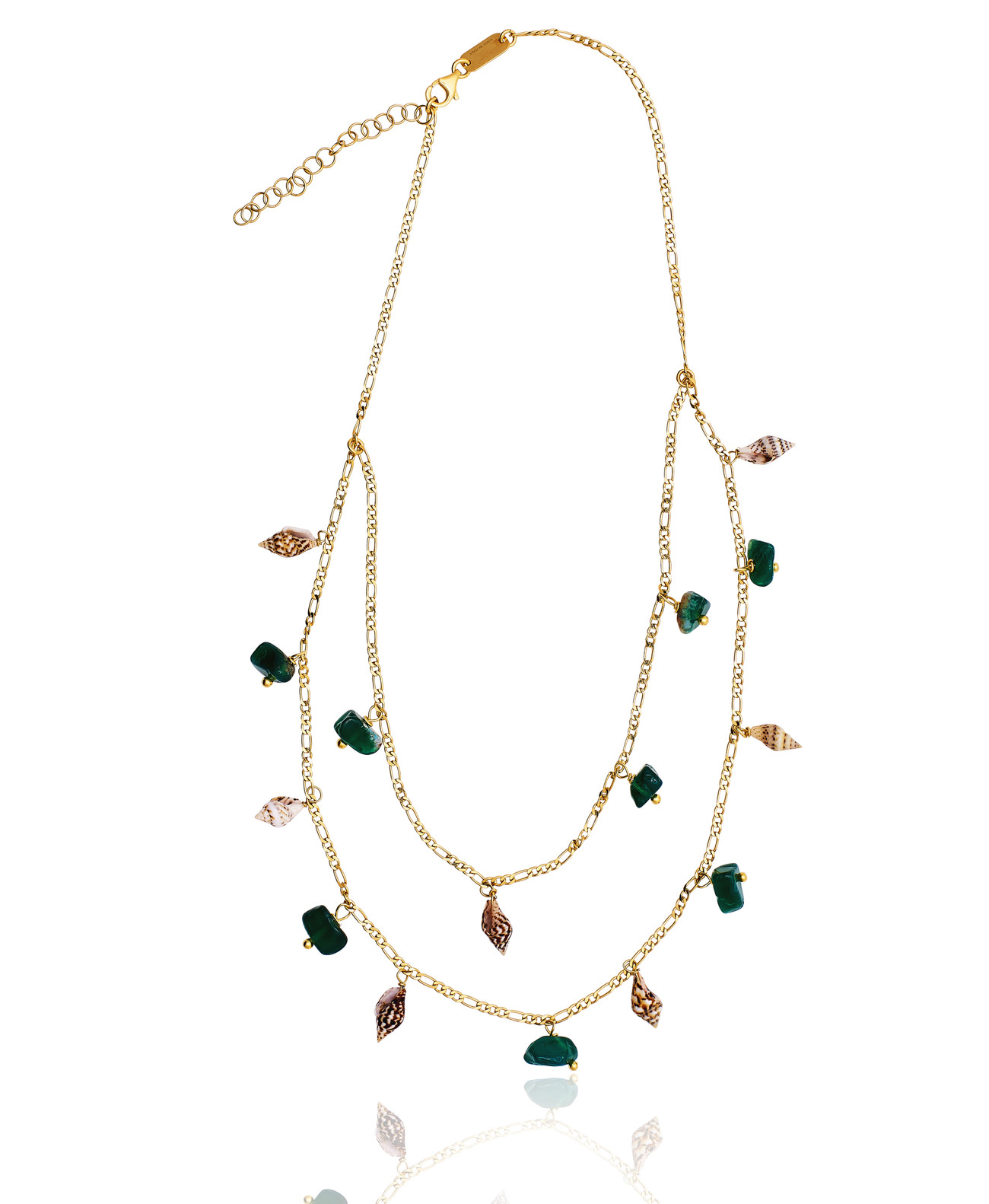 Gold plated Figaro Double Necklace with Green Agate