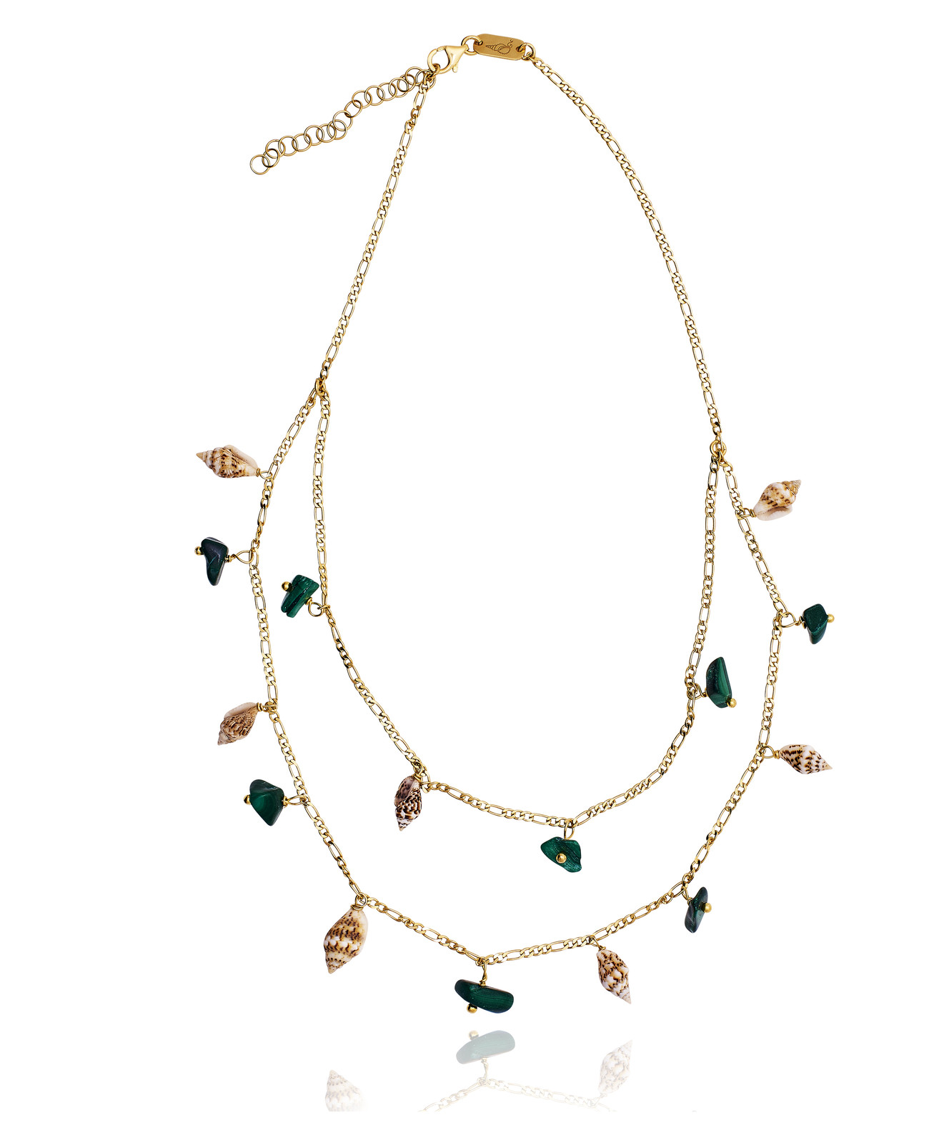 Gold plated Figaro Double Necklace with Malachite