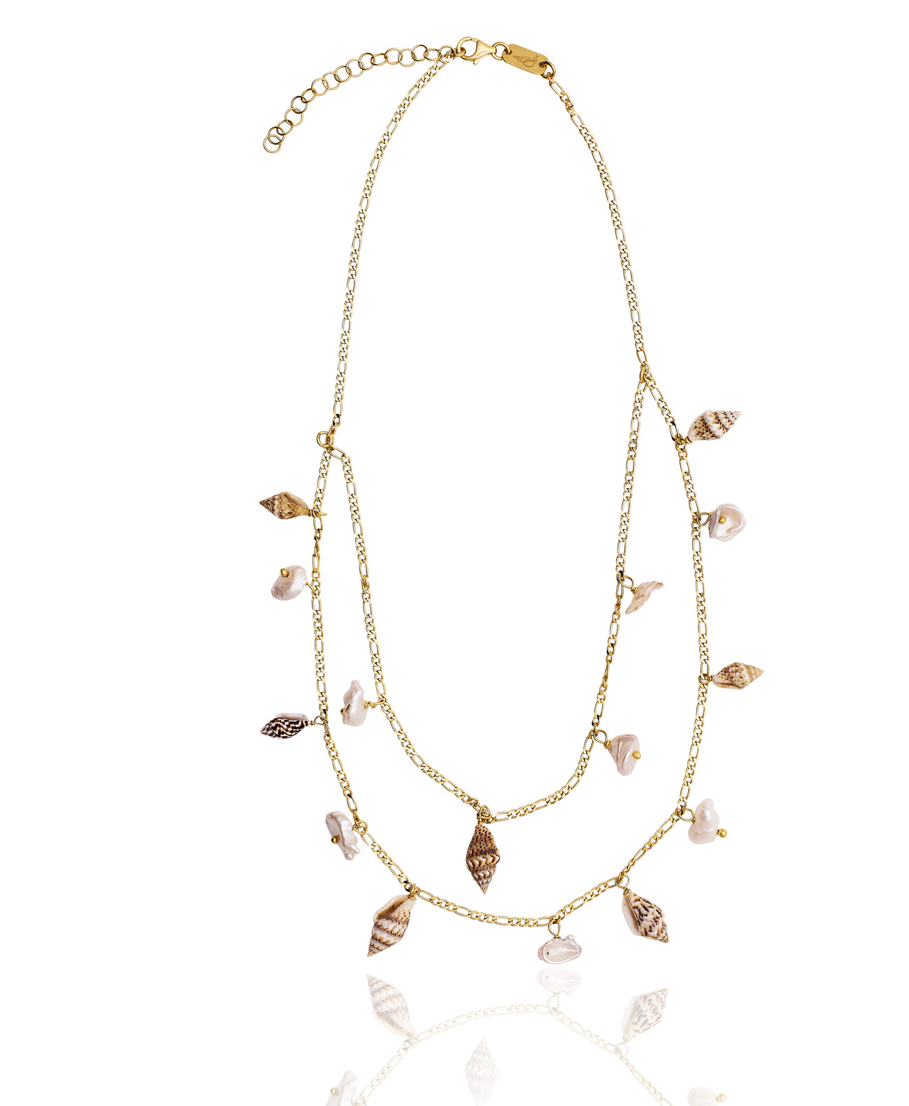 Gold plated Figaro Double Necklace with White Keshi Pearls