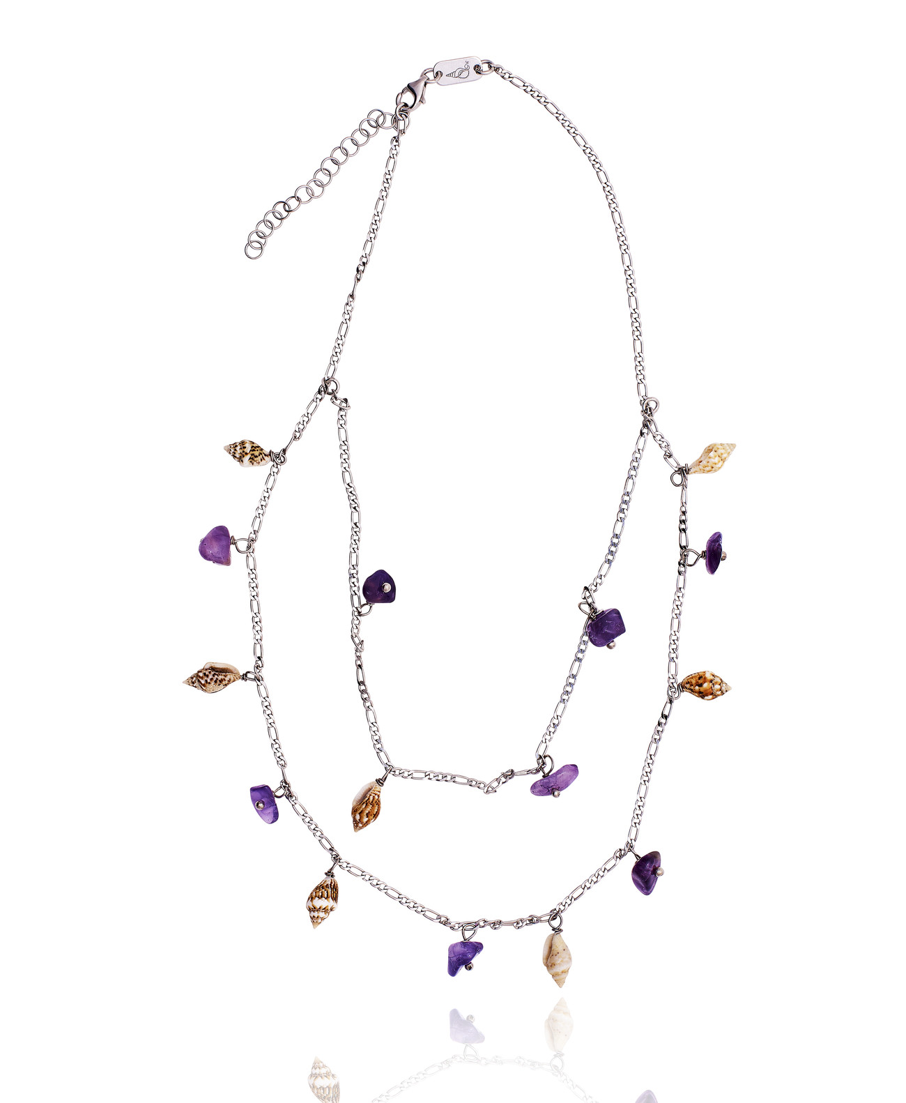 Silver Figaro Double Necklace with Amethyst