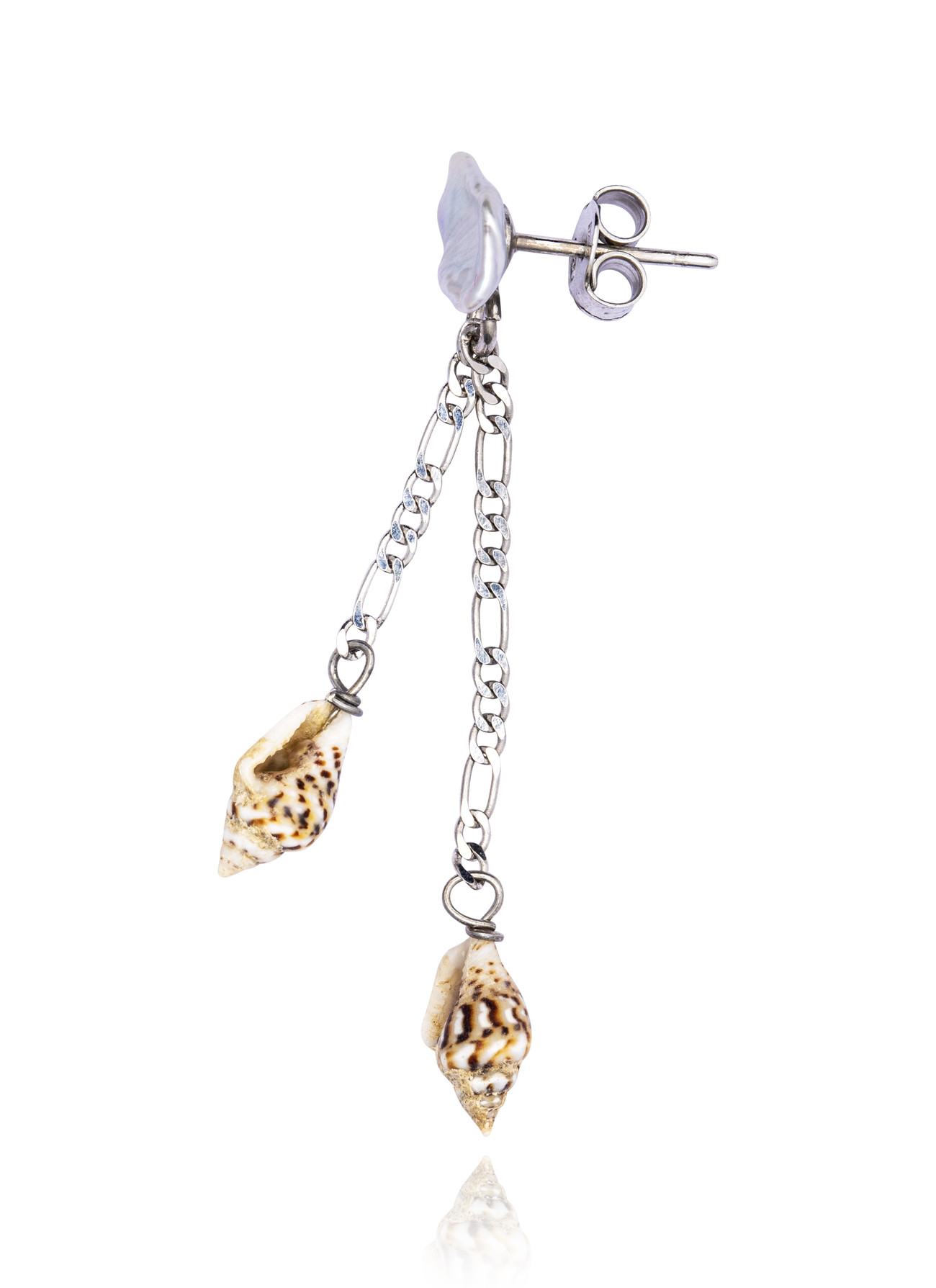 Silver Double Drop Earring with White Keshi Pearl