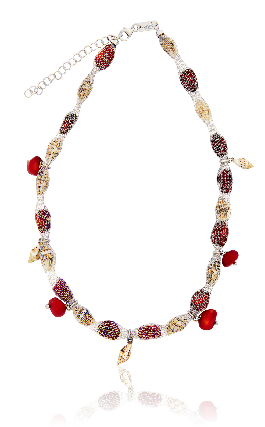 Silver Tessuto Necklace with Coral