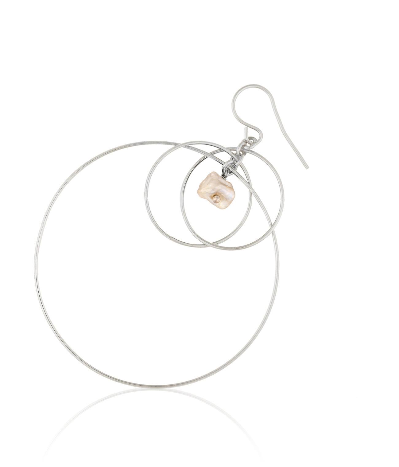 Silver Triple Hoop Earring with White Keshi Pearl