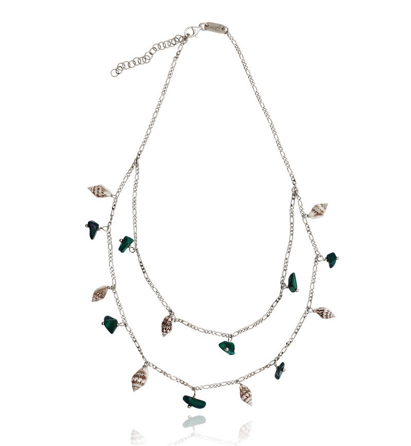 Silver Figaro Double Necklace with Green Agate